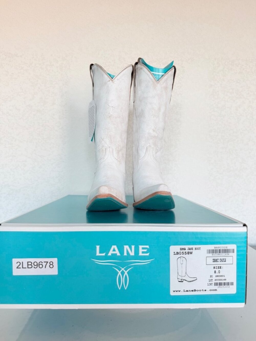 Lane EMMA JANE White Cowboy Boots Womens 8 Western Leather Mid Calf Snip Toe - Picture 10 of 11